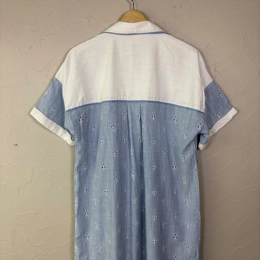 Anthropologie Eyelet Striped Midi Shirtdress Women L Blue White Coastal Cottage